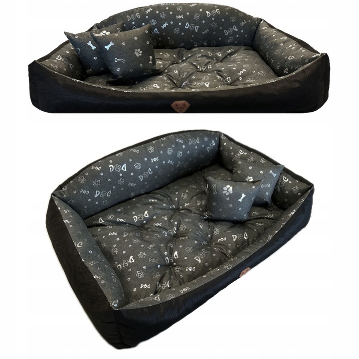 Кучешко легло Dogs4life, 130x105cm, водоустойчиво, сиво с черна графика, комплект с 2 възглавници