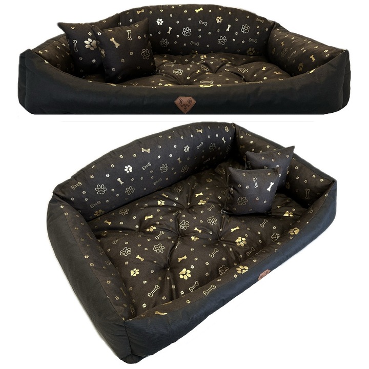 Кучешко легло Dogs4life, 75x65cm, водоустойчиво, кафяво със златна графика, комплект с 2 възглавнички
