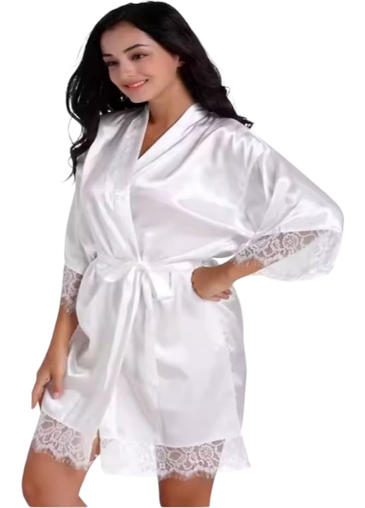 Női szatén köntös, StarFashion, háromnegyedes ujjú, csipkével kiegészítve, Fehér