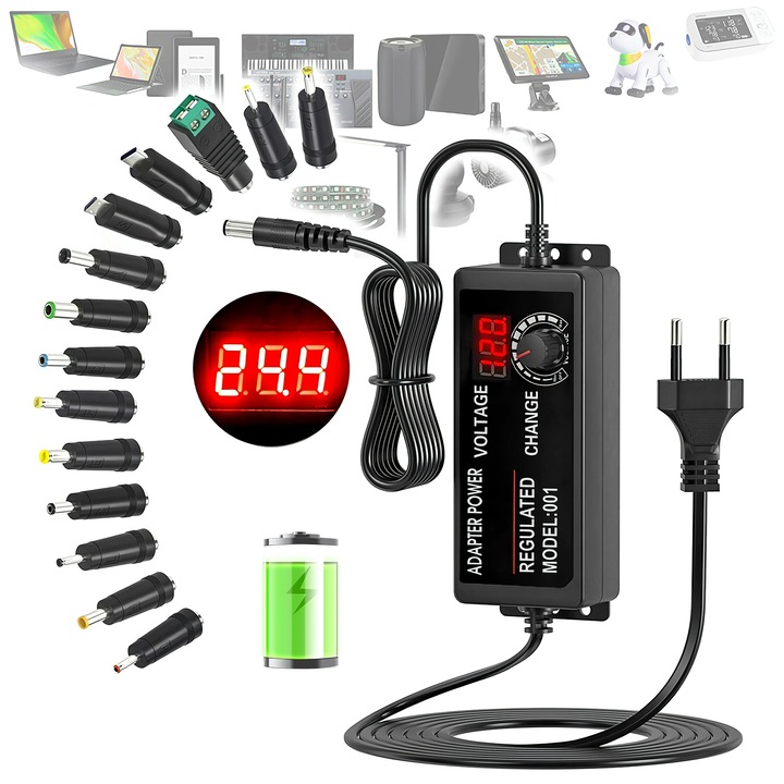 Sursa de alimentare universala 72W DC 3V-36V, 2A, Excitat®, adaptabila, cu 14 varfuri si convertor de polaritate, Negru