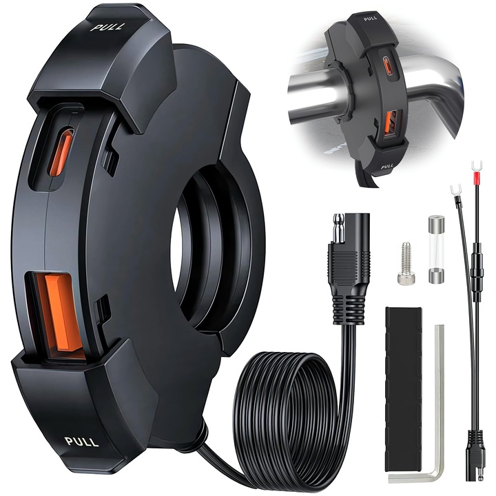 Excitat Motorkerékpár USB Töltő, SAE - USB Átalakító, Vékony Type-C Port USB 3.0 Gyorstöltéssel, Nedvességálló, Kormányra Tartható GPS-hez, Okostelefonhoz és Kamerákhoz