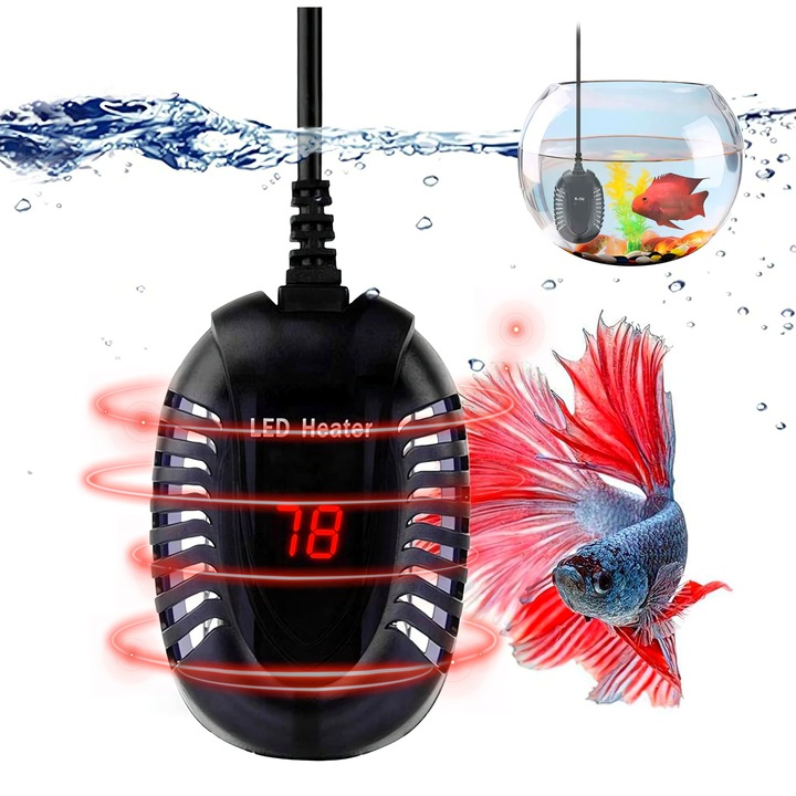 Incalzitor Digital Submersibil, Excitat®, Mini Display Acvarii Mici, Termostat Compact Incalzire Rapida, Controler Extern Termometru Incorporat, Betta, Testoase, 100W, Negru