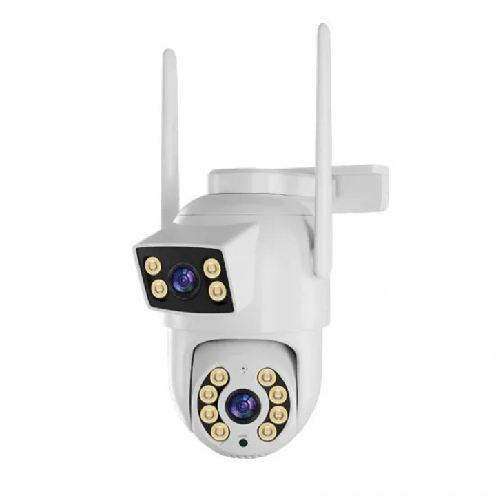 Camera supraveghere Wifi Smart Pulse in aer liber, Rotire cu doua lentile, Rezolutie UltraHD 6MPX, raza de pana la 180°, Viziune nocturna, Alb