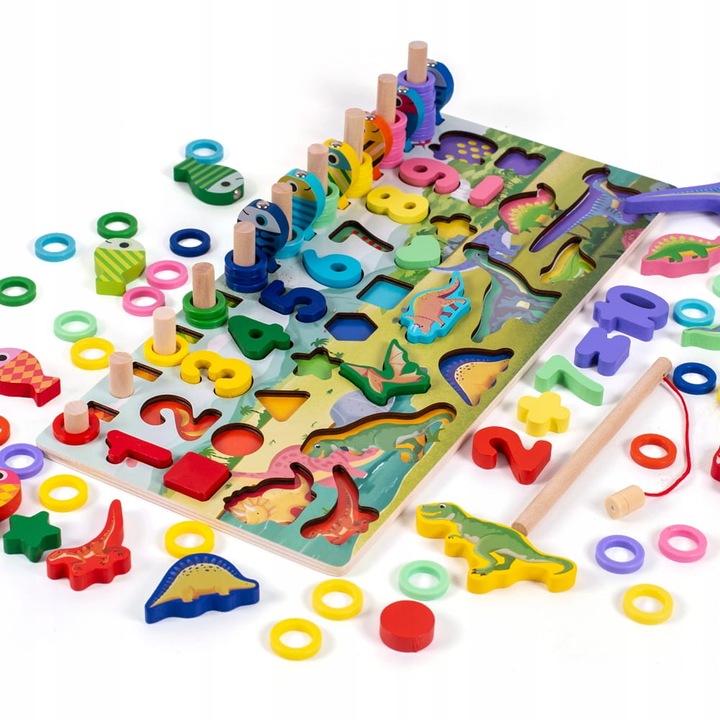 Set educativ Dinozauri Montessori, TuTuu, 10 cifre colorate, 10 pesti, 40x18cm