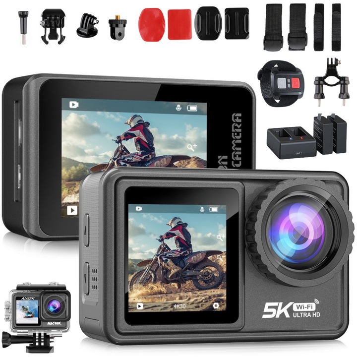 Camera de Actiune 5K Ultra HD, Dasbo®, Ecran Dublu, Wifi + Aplicatie, 48MP, Rezistenta la Apa 30M, Telecomanda, Stabilizare EIS, Ecran dublu touch screen 2”+1.4”, Unghi Larg 170°, Senzor imagine Sony, Zoom 6x, 2 Baterii + Incarcator dublu si Accesorii