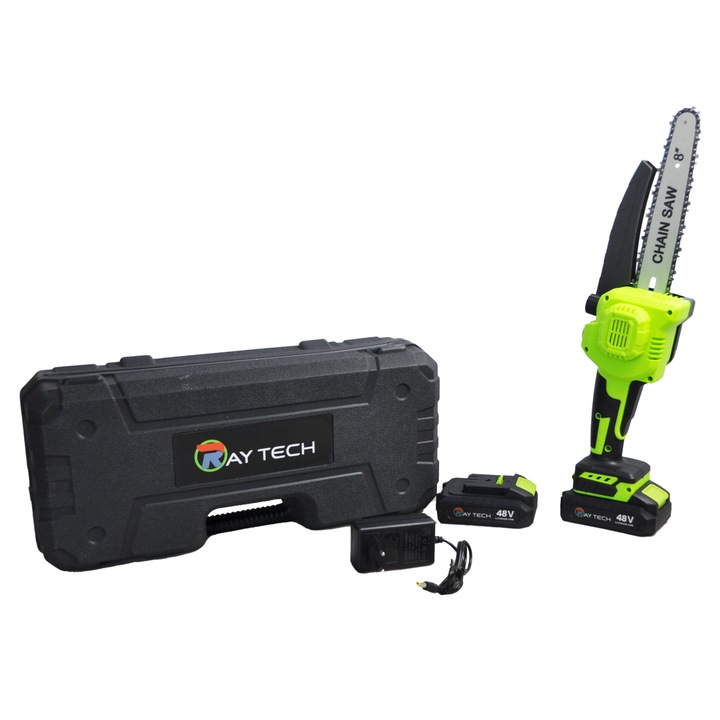 Raytech elektromos láncfűrész, 48V, 24CM, 2500RPM, 2 akkumulátor, hordtáska