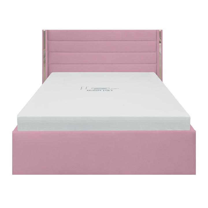 Pat dublu tapitat Siena 120/200 roz, benzi argintii, cu somiera metalica rabatabila si spatiu de depozitare