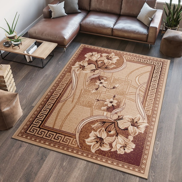 Tapiso Atlas Covor pentru living, dormitor Covor pile scurte Crema intunecat Bej Floral - 300 x 400 cm