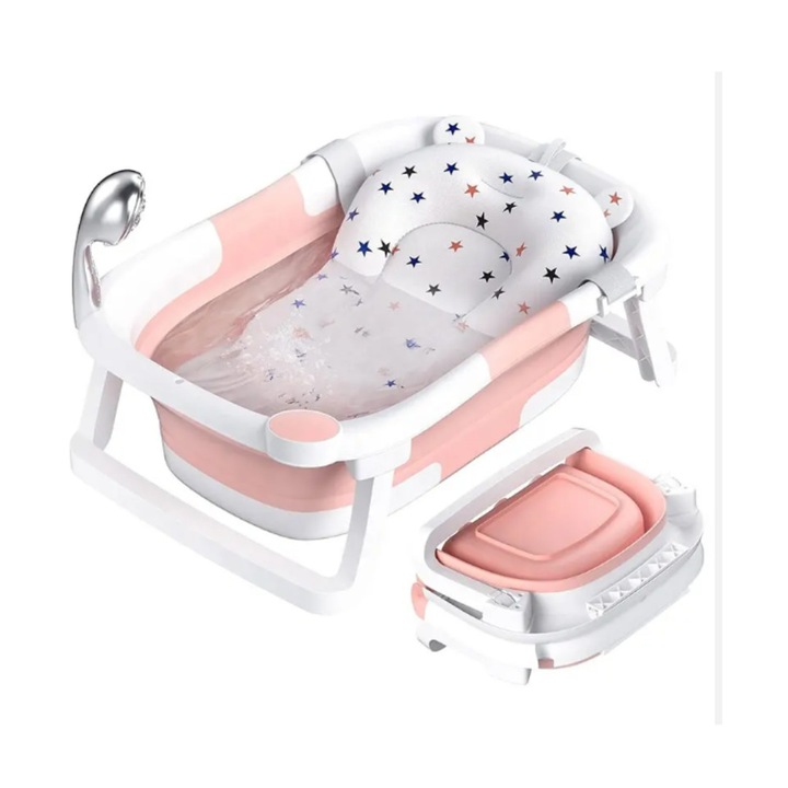 Cadita Bebelusi, 0+ luni, Pliabila, cu Pernuta detasabila, Suport integrat pentru capul de dus, Dopul indicator de temperatura, Picioruse antiderapante, Design Ergonomic, Roz