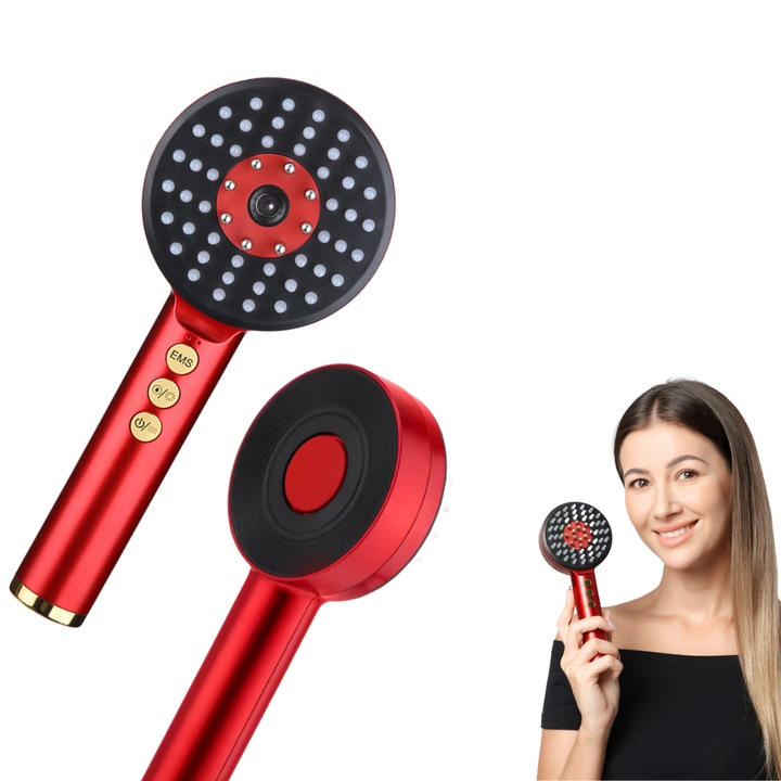 Perie Electrica pentru Par si Scalp, profesionala, Doerr®, Generatie 3, Masaj EMS & LED, Vibratii, Previne Caderea Parului, Stimuleaza Cresterea, Hidratare, Aplicator Ulei si Ser, Rosu