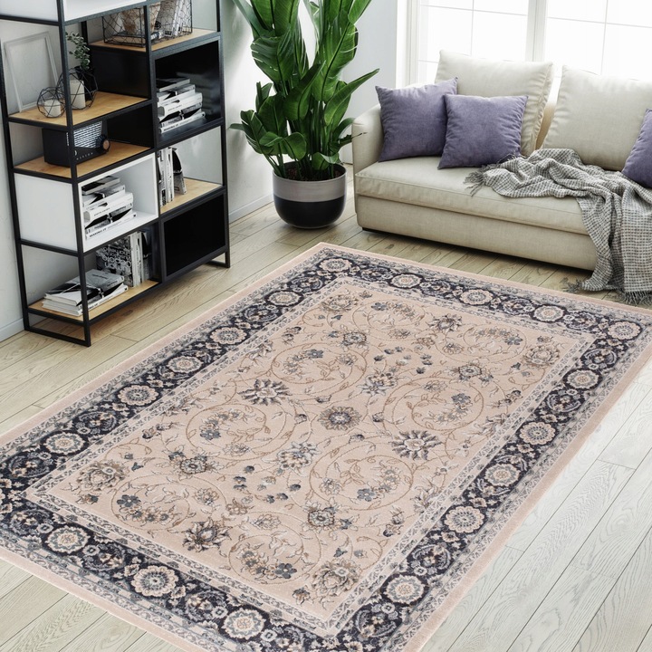 Covor, Tapiso, Colorado, 220 x 160 cm, Stil Vintage, dens, perii moi, OEKOTEX, Motiv Floral, RezistentaUV, Dreptunghi, Fir scurt 10 mm, 7.92 Kg, Gri inchis