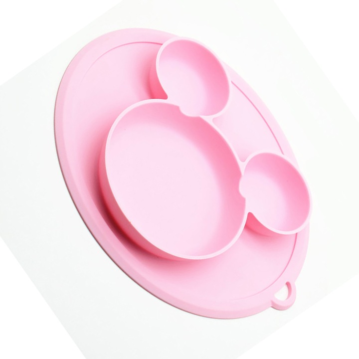 Szilikon etetőkészlet babáknak, tapadókorongos tányérok, csúszásmentes, könnyen tisztítható, mosogatógépben és mikrohullámú sütőben is használható, rózsaszín