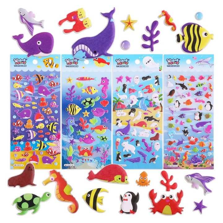 Set de 4 Planse cu Autocolante 3D cu Animale Marine pentru Copii