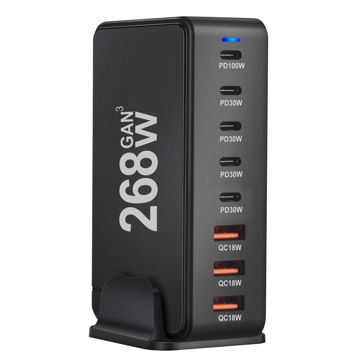 Többportos gyorstöltő állomás akár 268 W-ig, 5 USB-C PD és 3 USB-A QC3.0, GaN technológia, kompakt és biztonságos, hatékony töltés laptopokhoz, telefonokhoz és táblagépekhez, többszörös védelem, fekete
