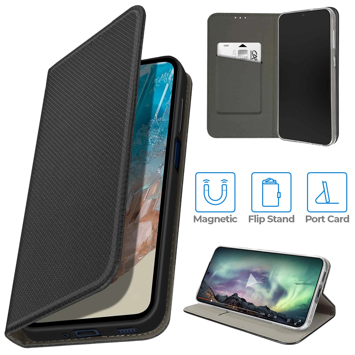 Husa Flip pentru Honor 200 Smart, tip carte cu inchidere magnetica, compartiment pentru carduri, functie Stand, Neagra