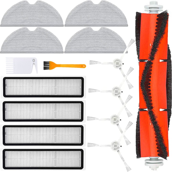 Set accesorii compatibile cu aspiratorul Dreame D9 Dreame D9 Max Dreame L10 Pro, 4 perii laterale cu 3 brate albe, 4 filtre HEPA, 4 lavete full cover, 1 perie centrala, accesorii de curatenie, 15 articole, Renew Force XM-D9
