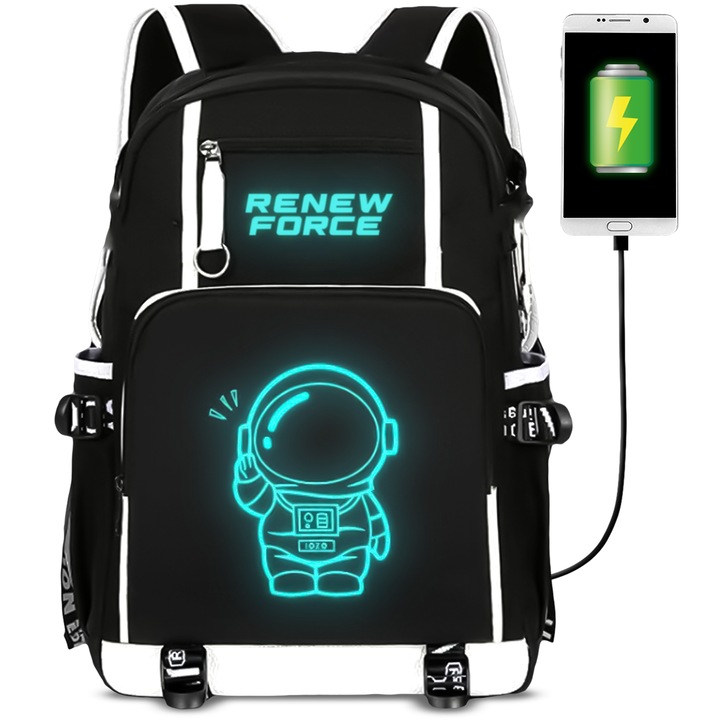 Rucsac Scolar Multifunctional Renew Force cu Imprimeu Astronaut si cu Design Fosforescent, Material Rezistent la Apa, Bretele Reglabile, Compartiment Laptop, Dimensiuni 44x30x14 cm, 35l, Potrivit pentru Scoala, Calatorii si Activitati Zilnice Negru GLV-X3