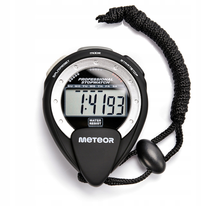 Cronometru, Meteor, Digital, Rezistent la apa, Rezistent la socuri, Precizie 1/100 de secunda, Afisare ora, Data si zi, Alarma, Semnal orar, Ideal pentru scoli si training, Negru