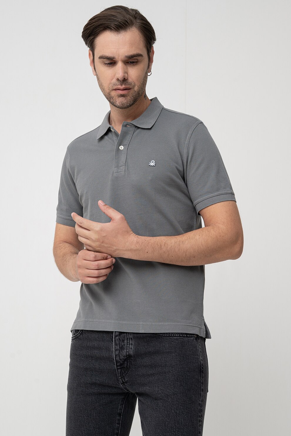 United Colors of Benetton, Tricou polo regular fit cu aspect pique, Gri inchis, S