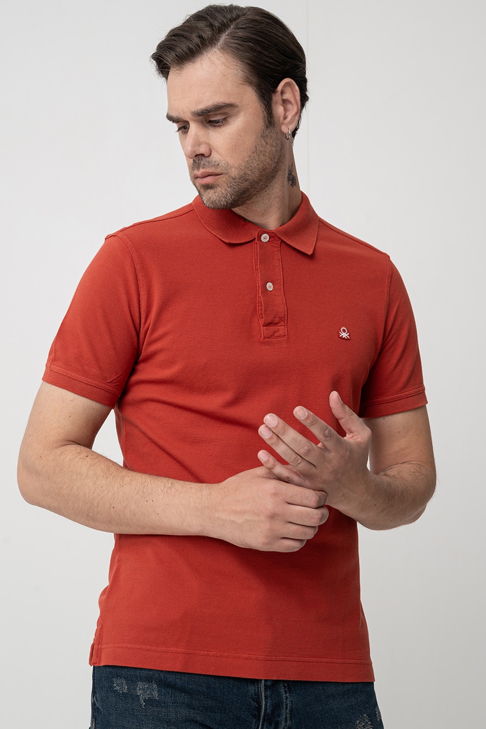 United Colors of Benetton, Tricou polo regular fit cu aspect pique, Portocaliu, Portocaliu pal, M