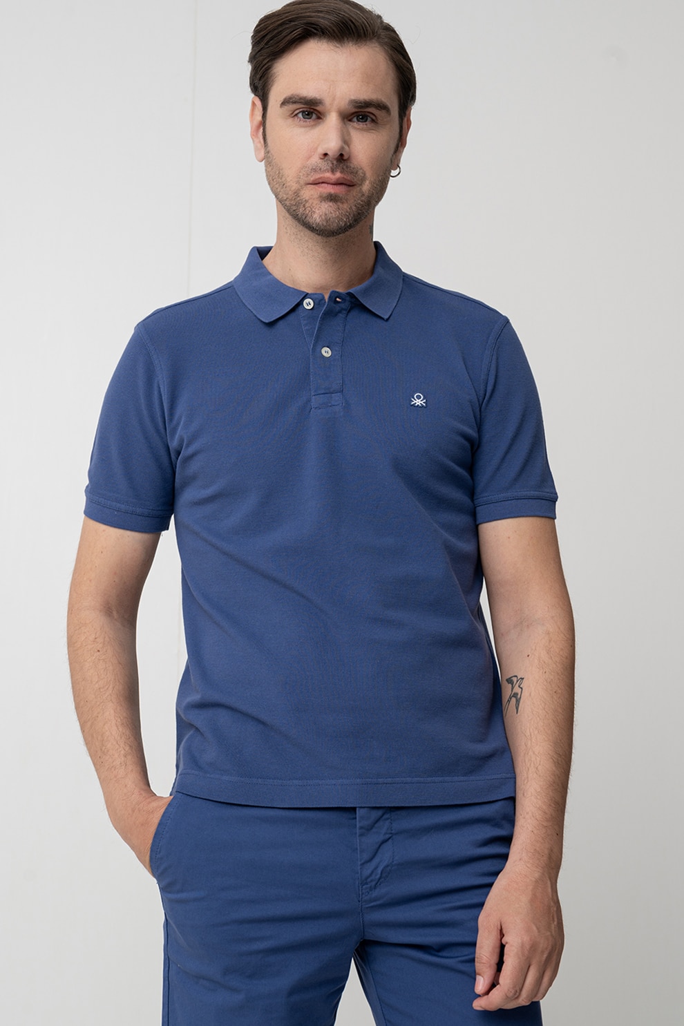 United Colors of Benetton, Tricou polo regular fit cu aspect pique, Indigo, Albastru, XL