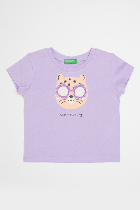 United Colors of Benetton, Тениска с бляскави апликации, Оранжев/Лилав