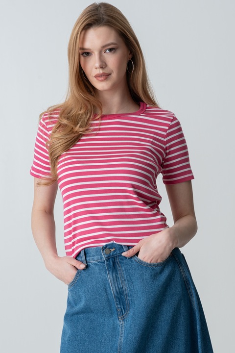 United Colors of Benetton, Tricou in dungi cu decolteu la baza gatului, Alb/Fucsia