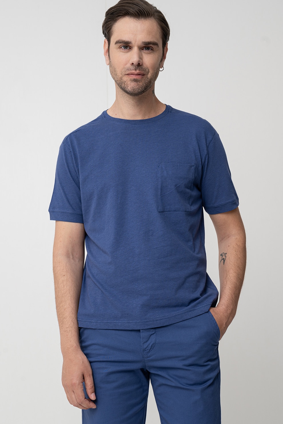 United Colors of Benetton, Tricou din amestec de in cu buzunar aplicat pe piept, Indigo, M