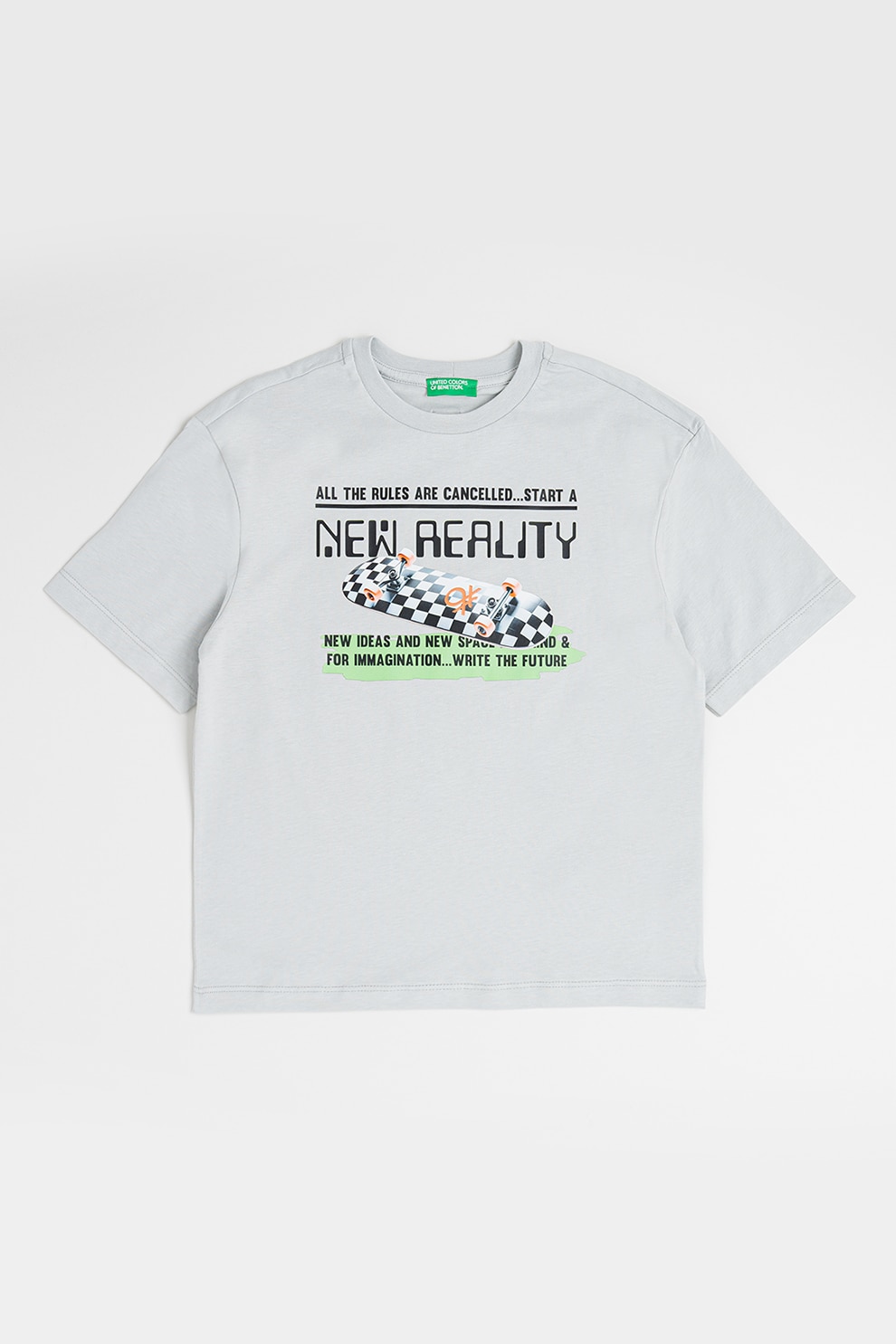 United Colors of Benetton, Tricou cu imprimeu grafic, Negru, Gri deschis, 140 CM