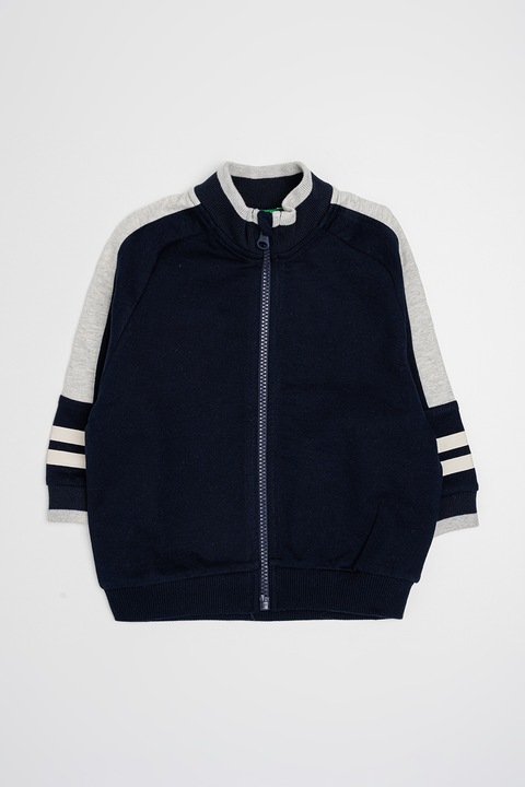 United Colors of Benetton, Jacheta bomber cu imprimeu pe spate, Gri deschis melange/Bleumarin, 82 CM