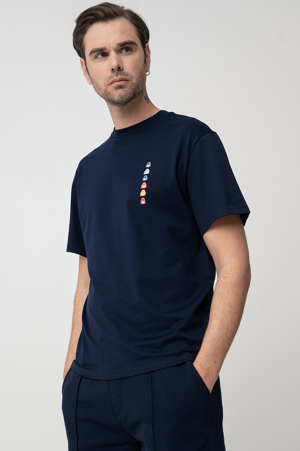United Colors of Benetton, Tricou cu decolteu la baza gatului si maneci cazute, Albastru ultramarin, M
