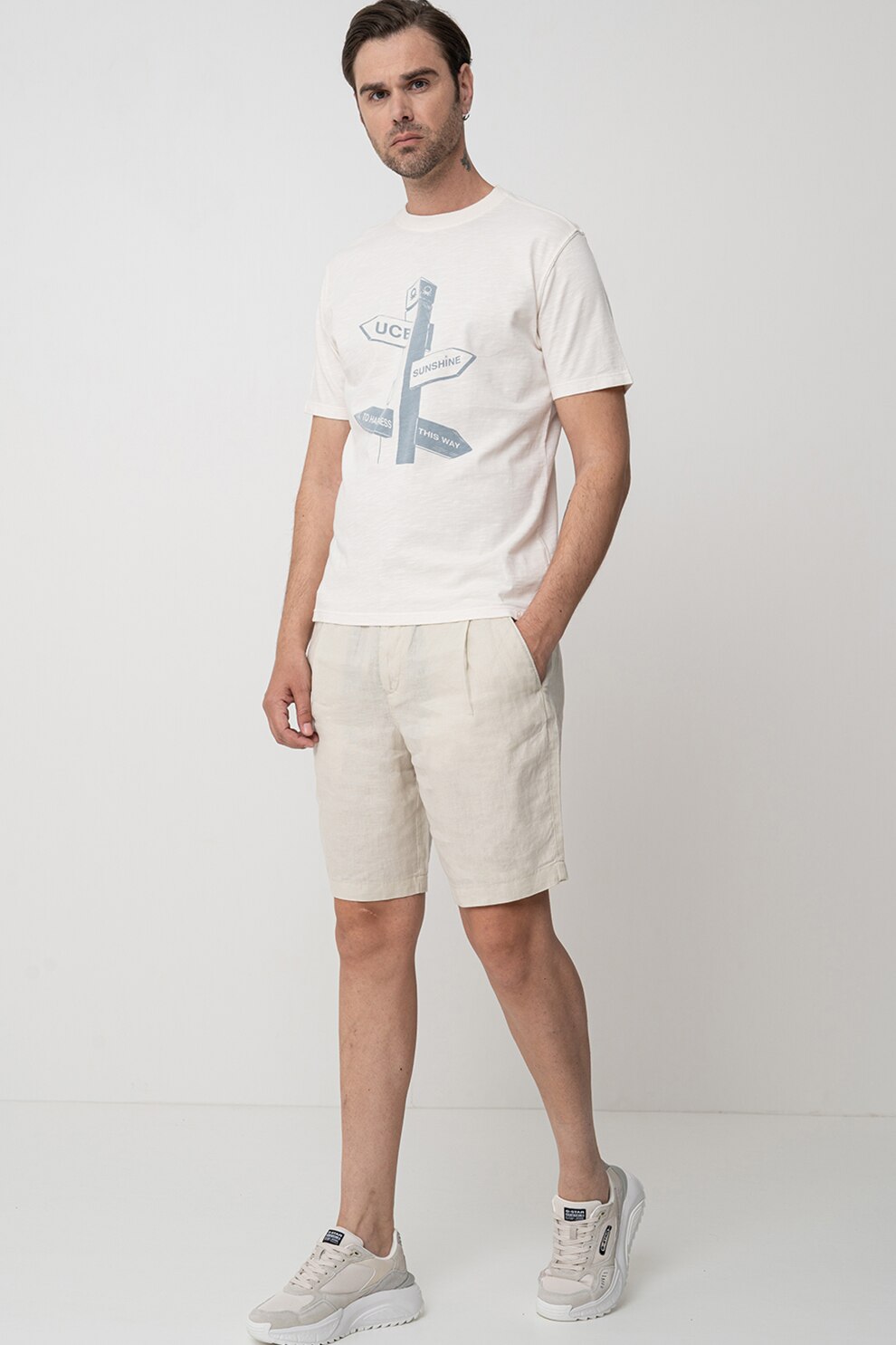 United Colors of Benetton, Tricou de bumbac cu imprimeu grafic si text, Albastru prafuit, Alb murdar, XL