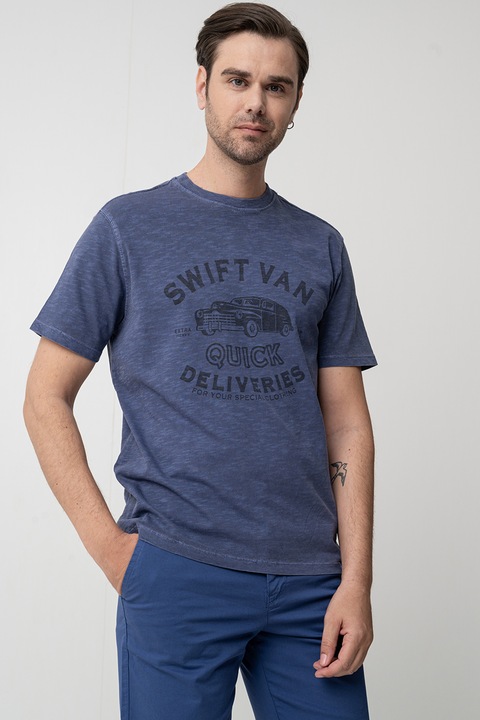 United Colors of Benetton, Mintás és feliratos pamutpóló, Sötétkék/Koptatott fekete