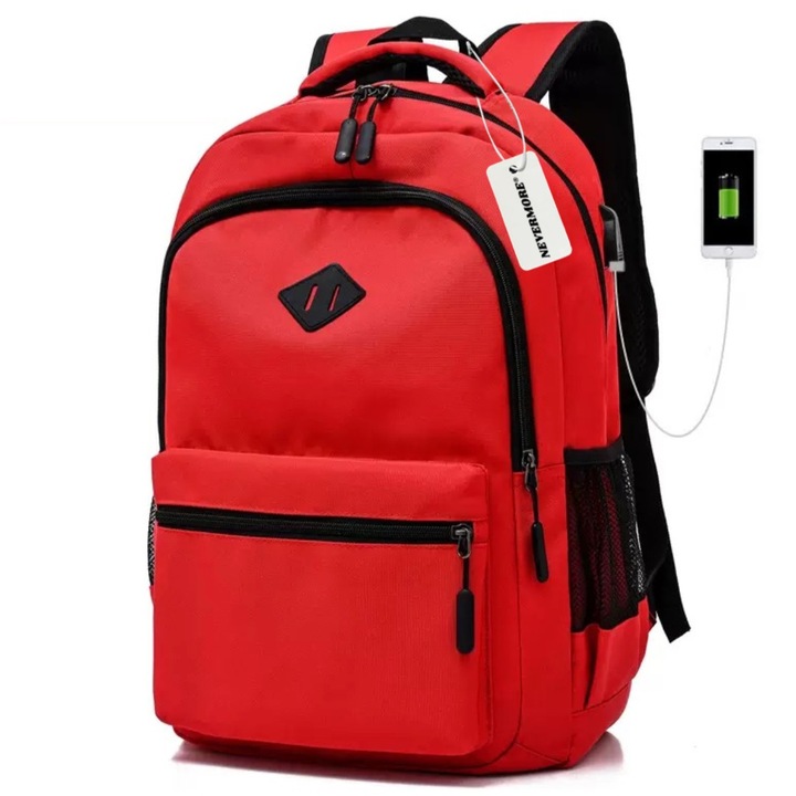 Rucsac scoala, NEVERMORE, Rezistent la Apa, Compartiment laptop dimesiune pana la 17”, cu port de incarcare USB, 46x31x16 cm, Rosu