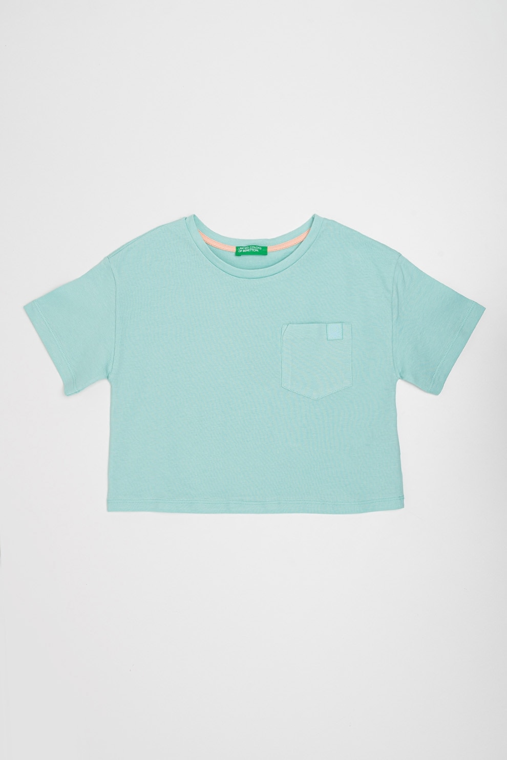 United Colors of Benetton, Tricou de bumbac cu buzunar pe piept, Alb, Verde menta, 120 CM