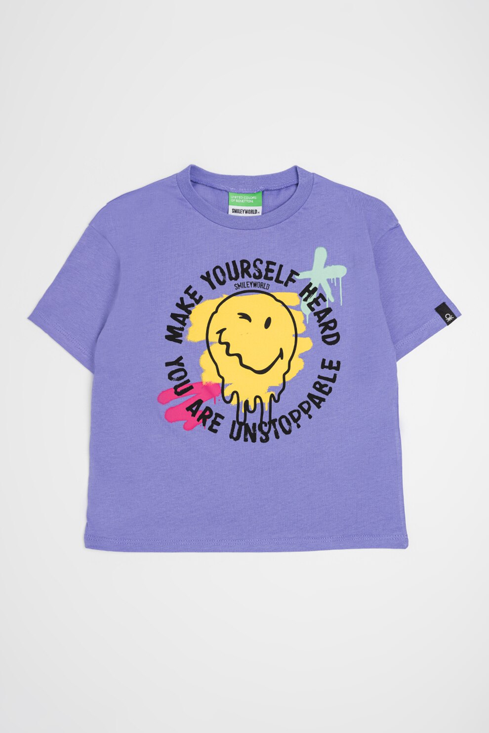 United Colors of Benetton, Tricou de bumbac cu imprimeu, Negru, Lila, 120 CM