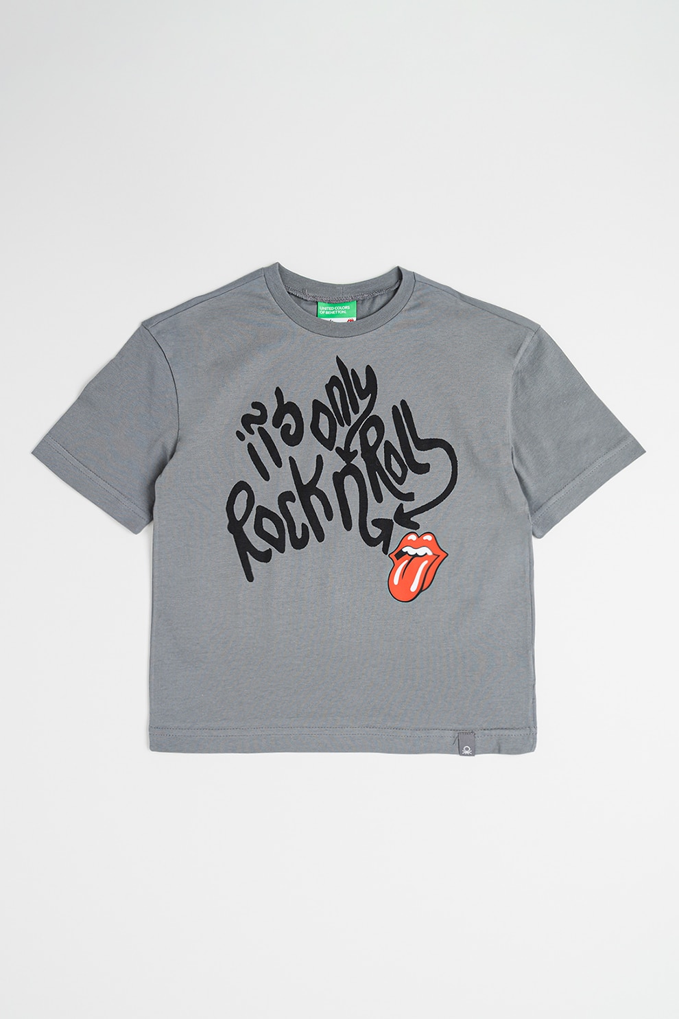 United Colors of Benetton, Tricou cu imprimeu si decolteu la baza gatului, Rosu, Negru, Gri inchis, 130 CM