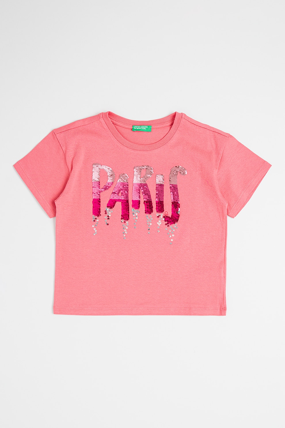 United Colors of Benetton, Tricou de bumbac cu aplicatii de paiete, Roz, Argintiu, 150 CM