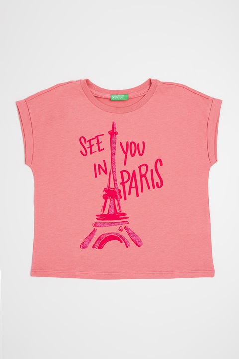 United Colors of Benetton, Памучна тениска с принт, Розово, 160 CM