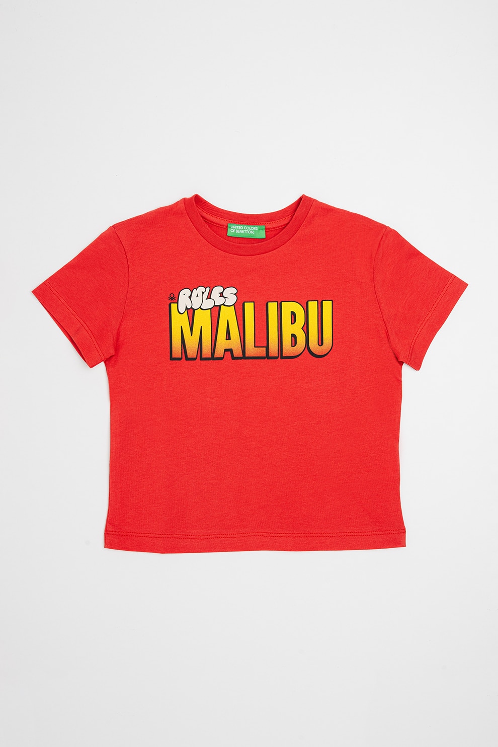 United Colors of Benetton, Tricou cu decolteu la baza gatului si imprimeu pe partea din spate, Rosu, Galben, 90 CM