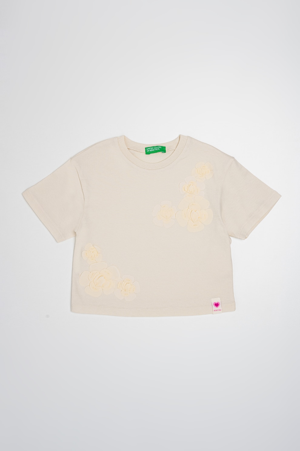 United Colors of Benetton, Tricou de bumbac cu decolteu la baza gatului, Alb fildes, 90 CM