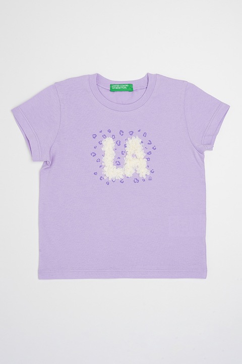 United Colors of Benetton, Памучна тениска с овално деколте, Лилав/Мръснобял