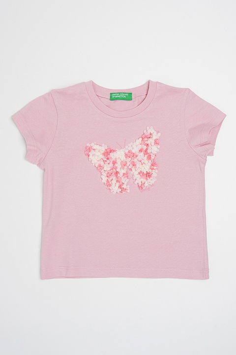 United Colors of Benetton, Kerek nyakú pamutpóló, Fehér/Rózsaszín