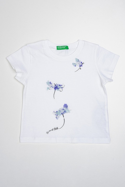 United Colors of Benetton, Tricou de bumbac cu decolteu la baza gatului, Alb, Violet, 110 CM