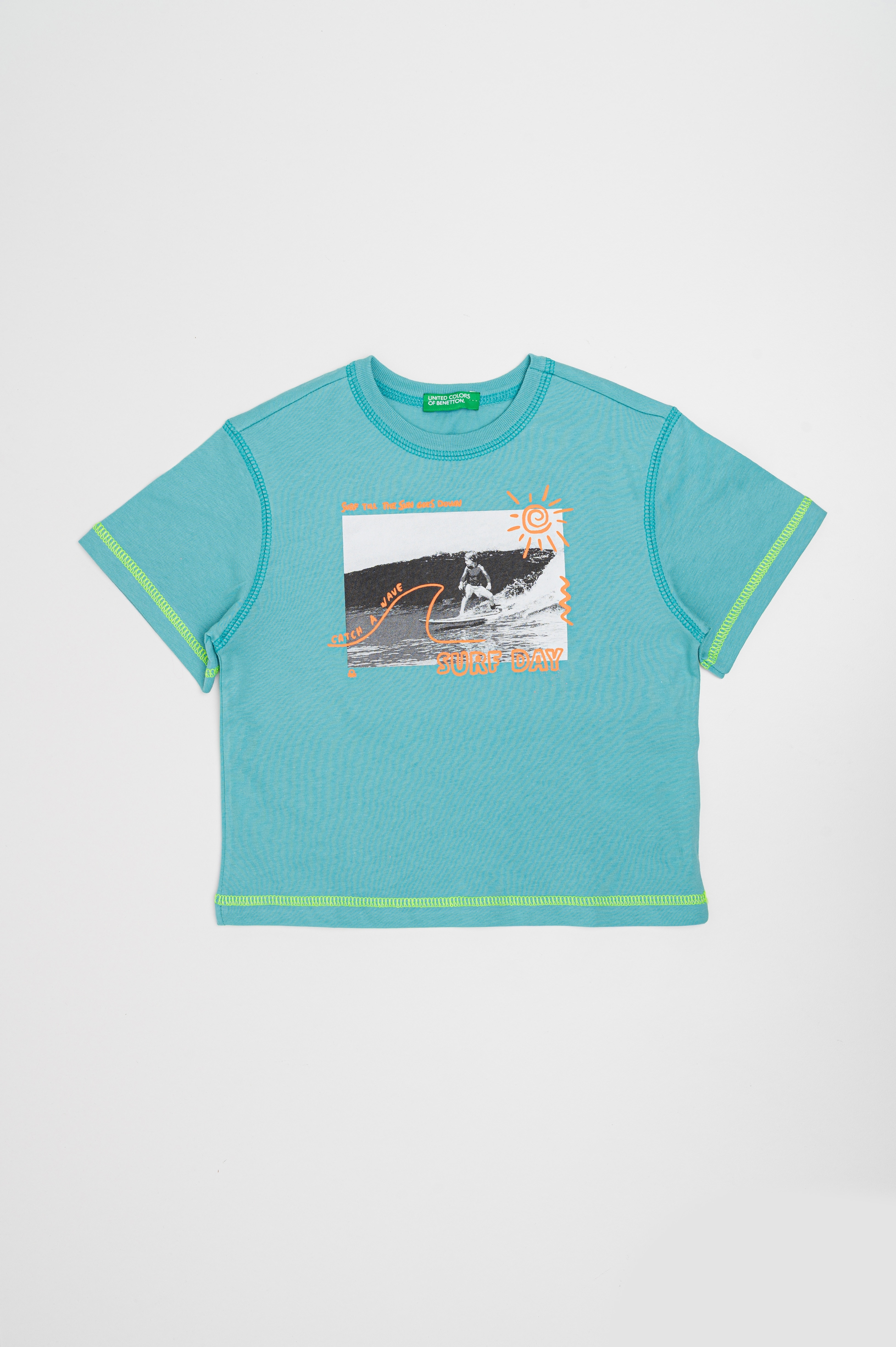 United Colors of Benetton, Tricou de bumbac cu imprimeu grafic, Verde, Portocaliu mandarina, 104 CM