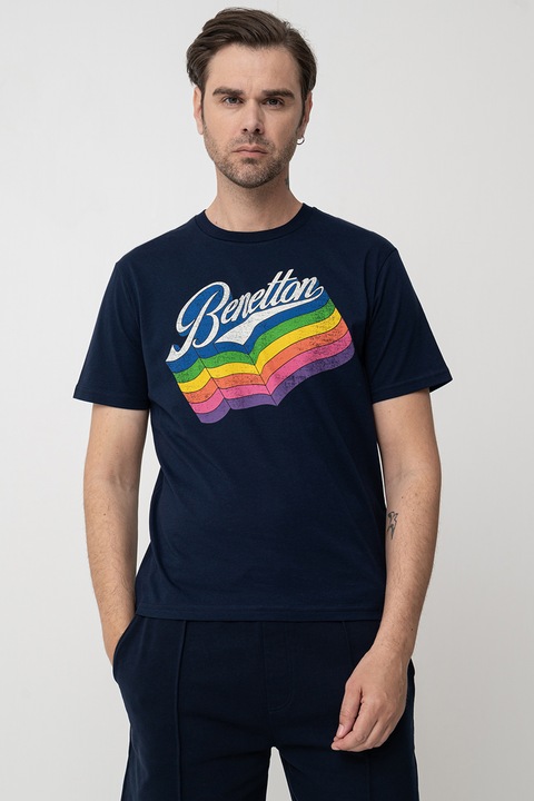 United Colors of Benetton, Tricou cu imprimeu grafic, Alb/Verde/Bleumarin