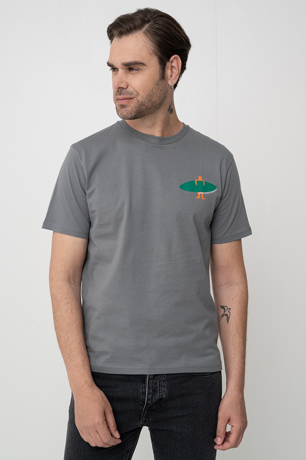 United Colors of Benetton, Tricou cu decolteu la baza gatului si imprimeu, Verde, Gri, Albastru deschis, M