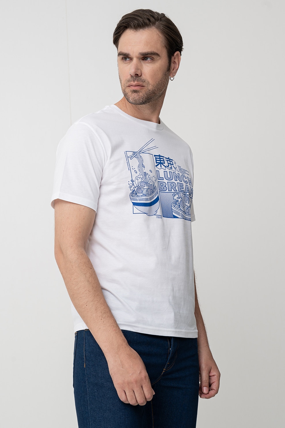 United Colors of Benetton, Tricou cu decolteu la baza gatului si imprimeu, Alb, Albastru, L