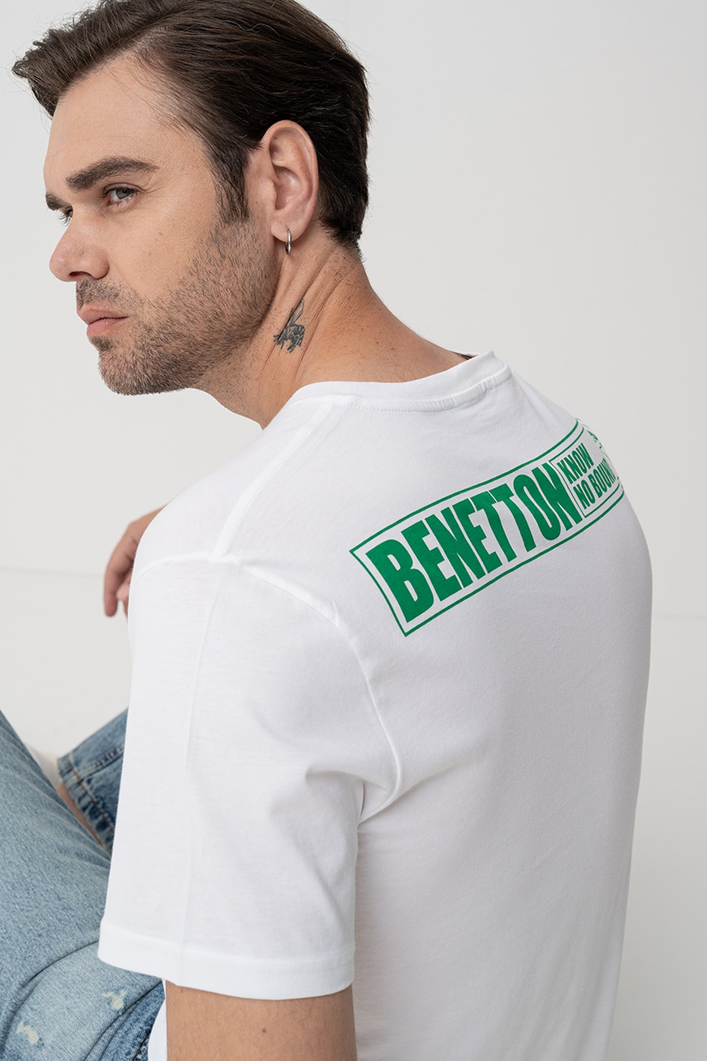 United Colors of Benetton, Tricou cu decolteu la baza gatului si imprimeu, Alb, Verde, S