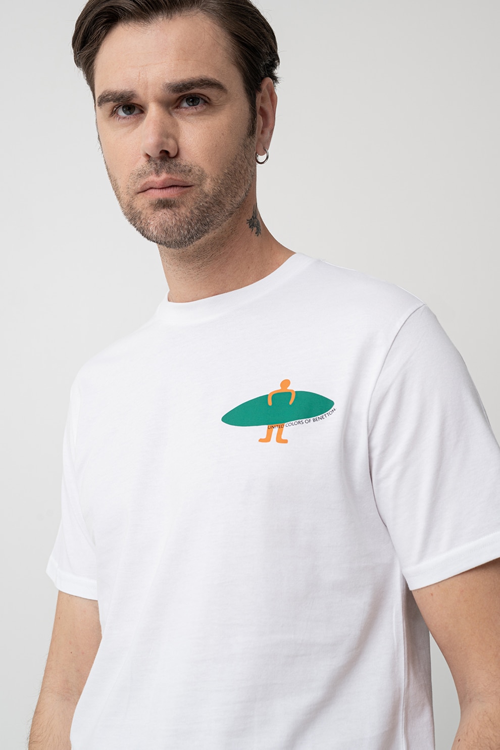 United Colors of Benetton, Tricou cu decolteu la baza gatului si imprimeu, Alb, Verde, Portocaliu, M